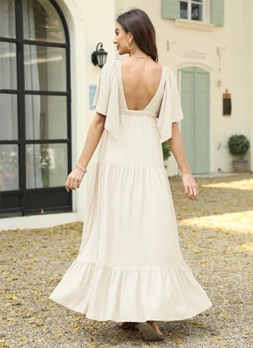 Kikibell Women Summer Dresses Sexy V-Neck Maxi Dress Tiered Silhouette with Flutter Sleeve Backless Elastic Waist Flowy Dress4
