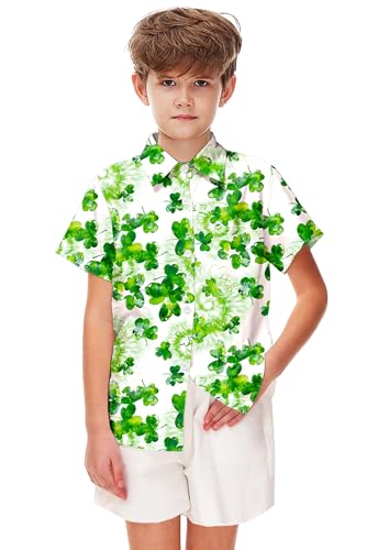 Image of Remimi Unisex Kids 4th of July Button Up Shirt Boys American Flag Print Hawaiian Beach Short Sleeve Tops 5-14 Years