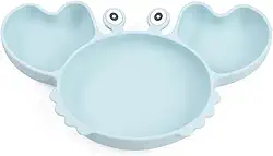 Pratinho caranguejo com divisória e ventosa em silicone para bebês. Azul.
