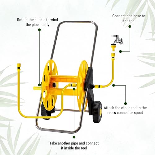 Image of ROOTS & LEAF Garden Pipe Holder with Wheels | Hose Reel Stand with Retractable Handle | Water Pipe Holder for 50M 1 /2 inch Hose | Easy-Carry Handle & Smooth-Rolling Wheels