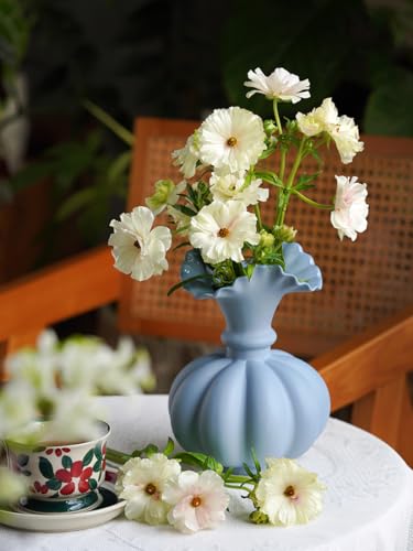 Jarrón de flores, jarrón de cerámica de calabaza, jarrón de cerámica para decoración, recipiente para flores, centros de mesa de comedor, sala de estar, escritorio, decoración de estanterías (azul)