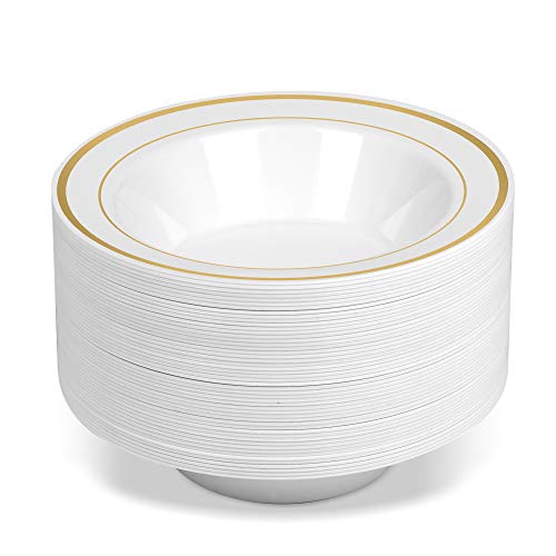 50 Disposable White Gold Trim Plastic Soup Bowls | 14 Oz. Premium Heavy Duty Disposable Dinnerware With Real China Design | Safe & Reusable And Great For Parties Or Weddings. (50-Pack) Gold #TOP3