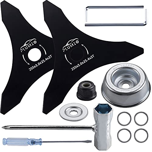 PLUMIA (2-Set 10 x 3 Teeth Carbon Steel Brush Cutter Weed Eater Blades with Blade Adapter Attachment for 20mm or 25.4mm Arbor - Compatible with Husqvarna, Stihl, Ego, and More