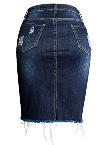 chouyatou Women's Bodycon Front Split Frayed Dark Washed Midi Denim Pencil Skirt2