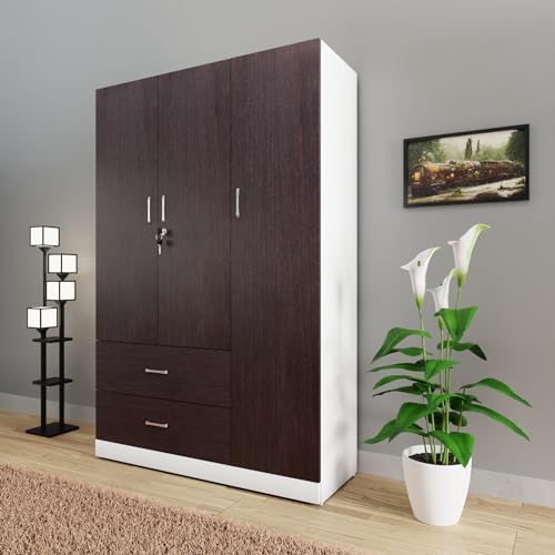 Image of VIKI Wardrobe | Wooden Almirah for Clothes,Door for Bedroom, 3 Door Wardrobe with Drawer & Hanging Space (White & Wenge - 40D x 120W x 180H) | 1 Year Warranty | Free Assembly