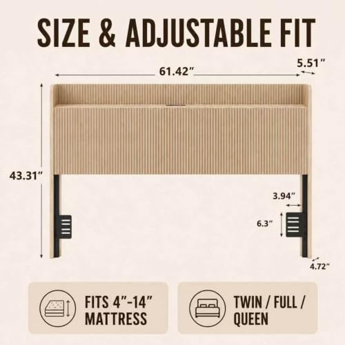 Image of Queen Size Headboard with Storage Shelf, Charging Station