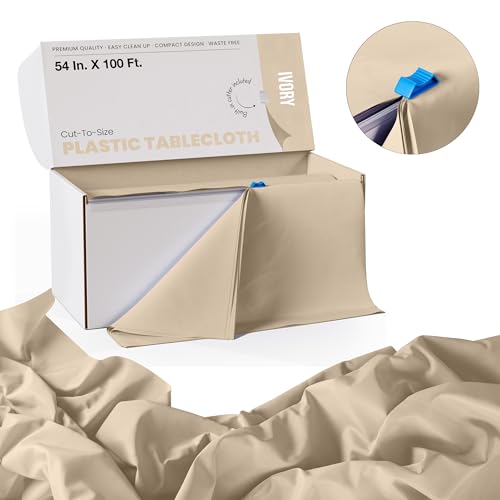 Image of Party Solids 54 Inch X 100 Feet Ivory Plastic Table Cover Roll in A Cut - to - Size Box with Convenient Slide Cutter. Cuts Up to 12 Rectangle 8 Feet Plastic Disposable Tablecloths