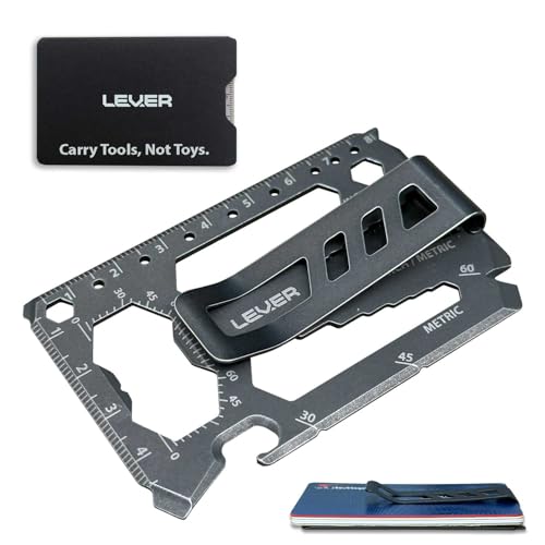 Toolcard Pro with Money Clip - 40 in 1 Credit Card Multitool Card - Sleek Minimalist Stainless Steel Wallet Card and Money Clip by Lever Gear (1, Stonewash)
