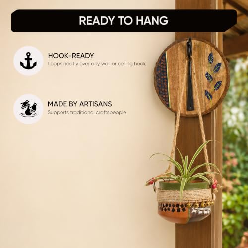 Image of AAKRITI ART CREATIONS Wall Hanging Planter with Hook | Jute Embellished Earthen Planter on Round Hook, Floral Art, Matte Finish | Wooden Decorative Hanging Pot for Indoor & Outdoor Home Decor