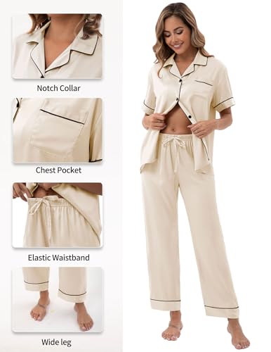 Image of UMBY Silk Satin Pajamas for Women Set 2 Piece button down Soft Silk Pjs Sets Cozy Silky Pajama Short Sleeve