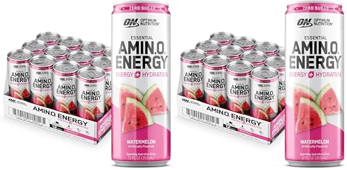 Image of Optimum Nutrition Amino Energy Sparkling Hydration Drink, Electrolytes, Caffeine, Amino Acids, BCAAs, Sugar Free, Watermelon, 12 Fl Oz, (Packaging May Vary),12 Count (Pack of 2)