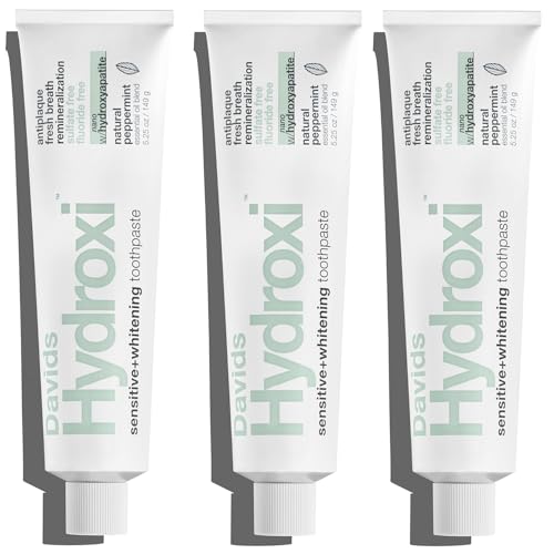 Image of Davids Hydroxi Fluoride Free Nano Hydroxyapatite Toothpaste for Remineralizing, Sensitive Support, Whitening, Antiplaque, SLS Free, Natural Peppermint, 5.25oz, Made in USA (3 Pack)