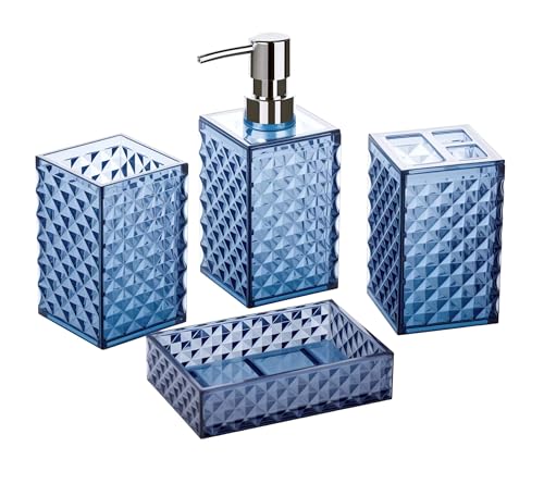 A+KCEYON Juego de 4 Accesorios de baño Azul Marino, Soporte para Cepillo de Dientes, dispensador de jabón, jabonera, Vaso, patrón de Diamante, decoración de tocador de plástico