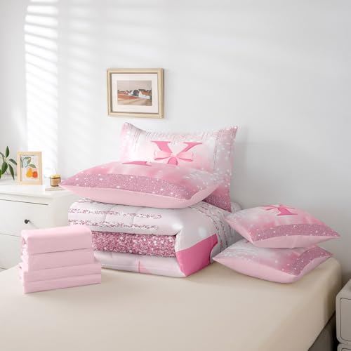 Image of Feelyou Boys Girls Pink Bowknot Bed in A Bag Twin Size, Personalized Initial Y 7 Pieces Bedding Set Princess Glitter Comforter Set with Sheets Kids Bow Monogrammed Teens Bed Set Bedroom Decor 7Pcs