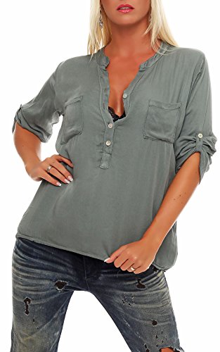 Malito Camicetta con V-Neck Safari 3/4 Tunica Top Longsleeve Oversize 9015 Donna Taglia Unica (Oliva)