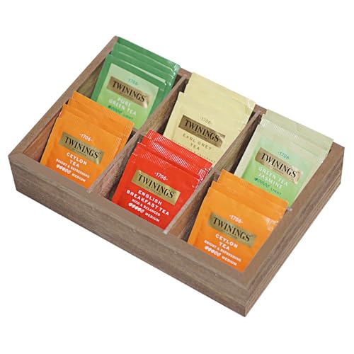 Krismax Tea Bag Organizer,Wooden Box Holder, Storage Containers with 6 Slots,Divided Storage Container for Beverage Supllies,Sugar,Individual Packets (Brown)