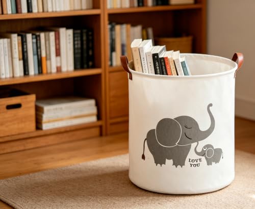 Image of CLOCOR Collapsible Round Storage Bin,Large Storage Basket,Clothes Laundry Hamper (Love Elephant)