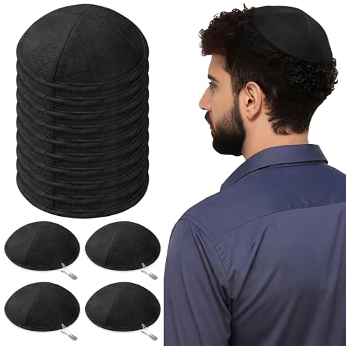 Silicherry 10 Pack Linen Kippah Bulk for Men Wedding Yarmulke Knitted Kippot Jewish Hat for Ceremony Souvenir with Clips(Black)
