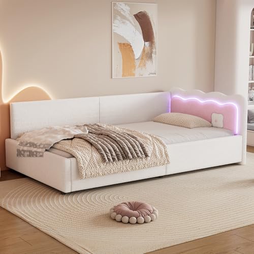 Polsterbett Schlafsofa 90x200 cm, L-förmiges Einzelbett mit LED, Gästebett Daybett Tagesbett, Bettgestell mit Lattenrost, Ohne Matratze, Weiß – Bild 7