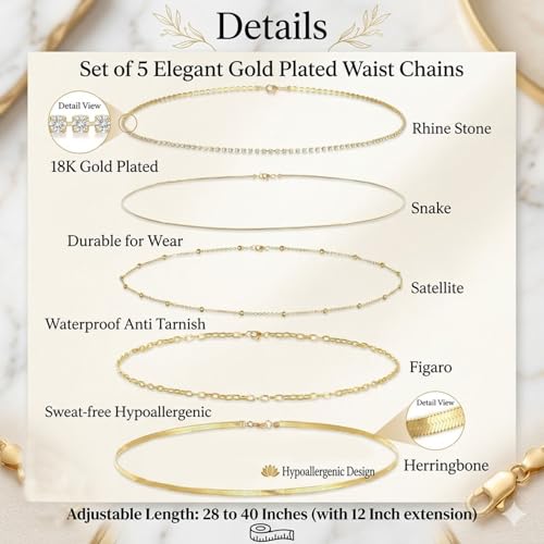 Image of VAMA FASHIONS 18K Gold Plated Belly Chain Anti Tarnish Adjustable Waist Hip Belt Beads Herringbone Saree Kamarbandh Beach Body Chain Combo Jewelry for Women & Girls