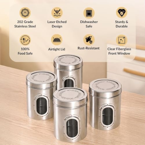 Image of Nestasia Stainless Steel Jar with Lid Set of 4 (1.25L Each) - Airtight & Rust Resistant Container for Kitchen Storage | Etched Floral Dabba with See Through Window - Ideal for Snacks, Cookies & Pulses