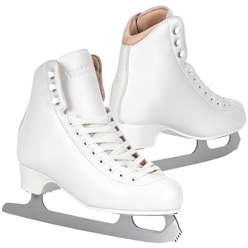 Tuosamtin Ice Skates for Women & Girls Figure Skates with Premium Microfiber Leather Stainless Steel Blades & Full-Fit Memory Foam Interior for Ultimate Comfort (White) (White 9)