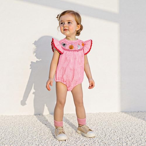 FIOMVA Newborn Baby Girl Halloween Outfit Pumpkin Ghost Smocked Bubble Romper Plaid Bodysuit Cute Infant Girls Fall Clothes2