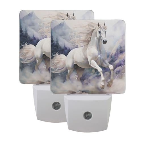 Image of Horse White Night Lights 2 Pack Plug-in Wall Led Nightlight Auto Dusk-to-Dawn Sensor Lamps for Bedroom Kitchen Bathroom
