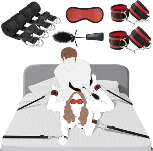 Sex Toys for Couples Bed Bondage Restraints Kit Adjustable Under Mattress BDSM Set with Handcuffs Ankle Cuffs Blindfold Feather Tickler Adult Toys for Beginners & Fetish Games