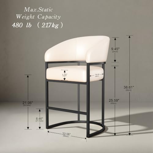 Butacos Modernos de Altura para Barra, Juego de 2, Tapizados en Cuero Sintético Beige Blanco con Estructura de Metal Negro, Altura de Asiento 26 pulgadas, Soportan 480 lb miniatura 2