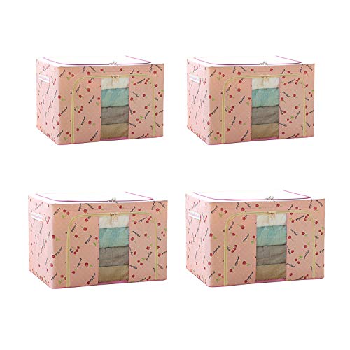 Steel Frame Storage Box Oxford Cloth Storage Box Quilt Storage Box Folding Wardrobe Fabric Extra Large Storage Bag (Pink Cherryï¼š72L x 2Pcs + 66L x 2Pcs)