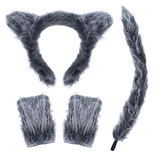 D-Fokes 4 PCS Wolf Costume Accessories Set for Men Women Boys Girls Includes Wolf Ears Headband Gloves Tail Halloween Animal Costumes Realistic Wolf Costume Cosplay Party Supplies