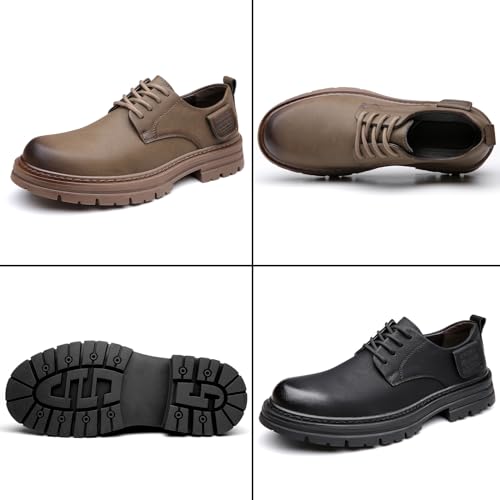 Men's Leather Lace Up Lug Sole Oxford Shoes Fashion Round Toe Hand Stitched Dress Sneakers Comfortable Non-Slip Softsole Casual Business Work Shoes3