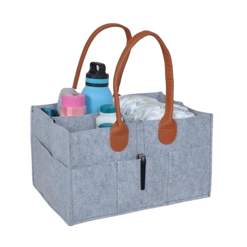 Baby Diaper Caddy Organiser, Felt, Light Grey with Brown Leather Handles, Portable Storage Basket-image-23