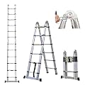 A-Frame Telescoping Ladder 12.5ft 6 + 6 Steps Adjustable Height with Support Bar Anti-Slip Feet, 330lbs Max Load, Folded Height 2.7ft Space Saving Easy to Transport, Heavy Duty RV Home Ladder