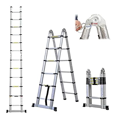 A-Frame Telescoping Ladder 12.5ft 6 + 6 Steps Adjustable Height with Support Bar Anti-Slip Feet, 330lbs Max Load, Folded Height 2.7ft Space Saving Easy to Transport, Heavy Duty RV Home Ladder