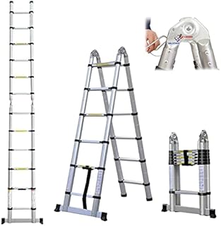 A-Frame Telescoping Ladder 12.5ft 6 + 6 Steps Adjustable Height with Support Bar Anti-Slip Feet, 330lbs Max Load, Folded Height 2.7ft Space Saving Easy to Transport, Heavy Duty RV Home Ladder