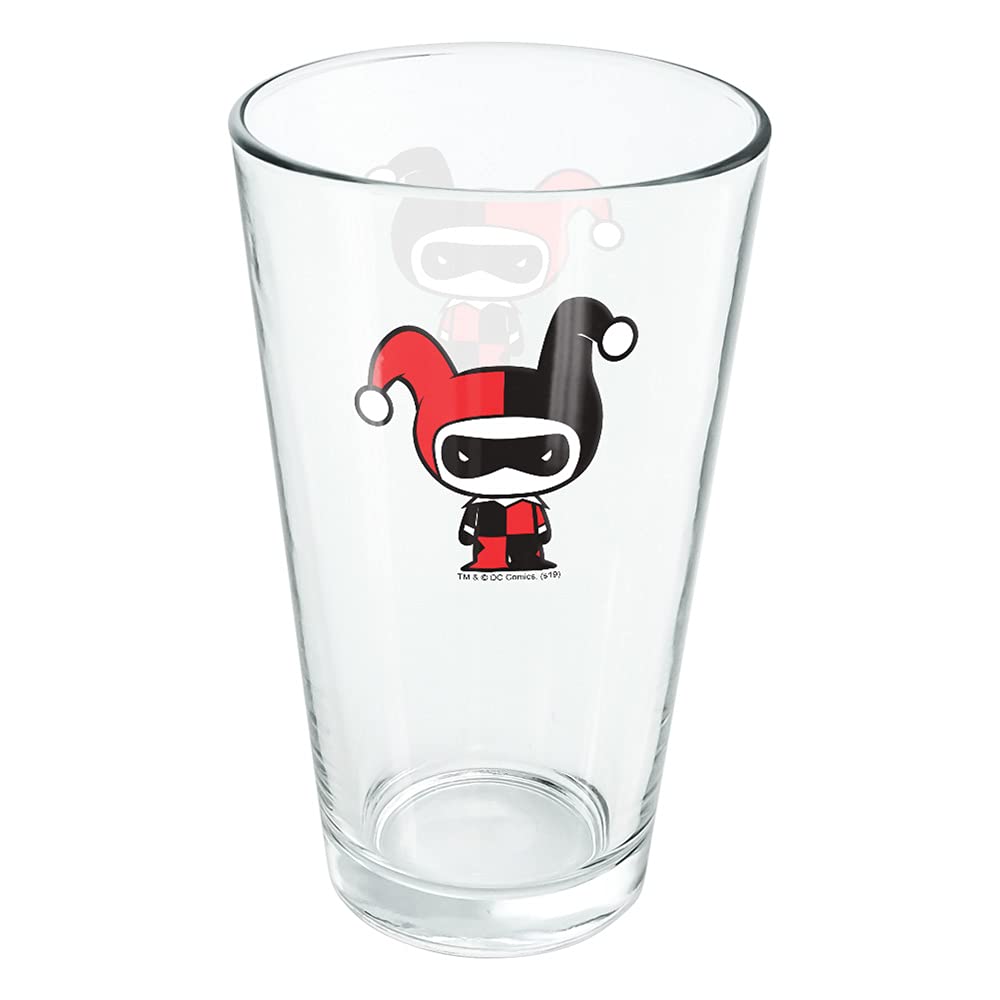 Harley Quinn Cute Chibi Character 16 oz Pint Glass, Tempered Glass, Licensed Printed Design & A Perfect Fan Gift | Great for Cold Beverages, Soda, Water
