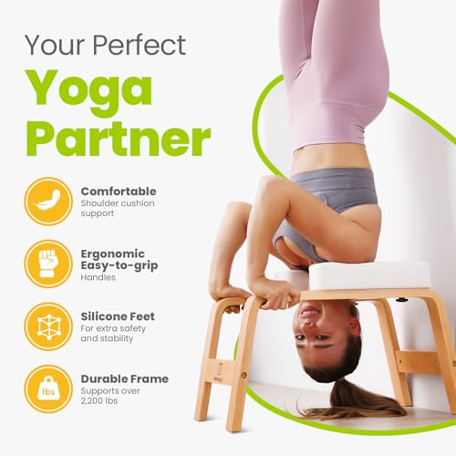 Image of Yoga Headstand Bench, Stand Yoga Chair for Balance Training, Core Strength Building, Upside Down Chair for Relaxation, Handstand Trainer Inversion Chair for Home Gym (Wood White)