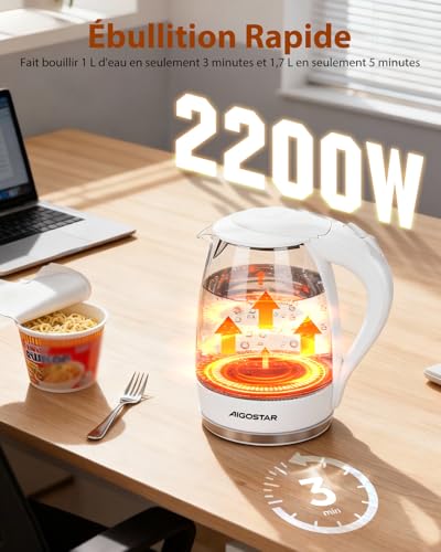 Aigostar Bouilloire Electrique Verre Blanche 1,7 litres...