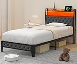 Picture of Winkalon Twin Metal Bed Frame with RGB Lights, Charging Station, Upholstered Headboard, Storage Shelves & Under Bed Space, Powder Coated, 250 lbs Capacity