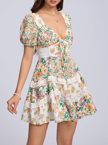 Image of hibshaby Women's Floral Patchwork Dress V Neck Lace Layered Ruffle Flowy Babydoll Dress Puff Sleeve Tiered Mini Sundress