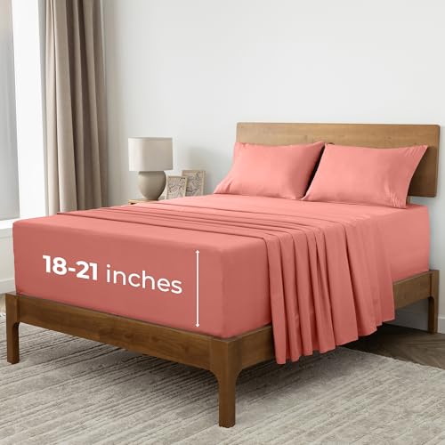 Image of Mellanni Extra Deep King Sheets - 4 PC Iconic Collection Bedding | Hotel Luxury, Ultra Soft, Cooling Bed Sheets - Wrinkle, Fade, Stain Resistant (King, Coral)