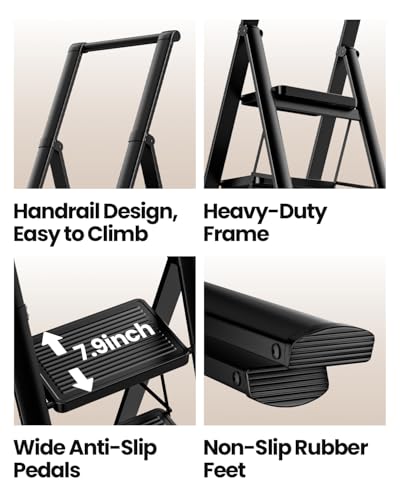 Image of SOLADDER 5 Step Ladder, Folding Step Stool with Handgrip and Anti-Slip Wide Pedal, Portable Iron Stepladder for Kitchen, Home, Library, Office (300 lbs Capacity) - Black