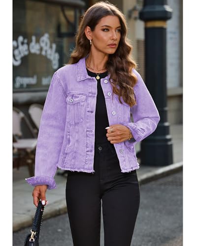 Image of luvamia Denim Jacket for Women Distressed Jean Jackets Button Up Vintage Western Trucker Jacket Frayed Hem Pockets