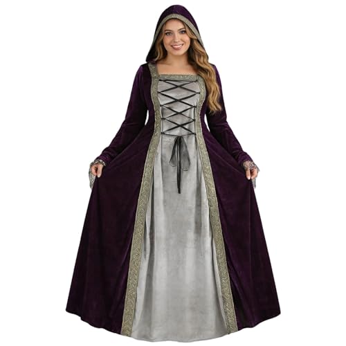 Vestido medieval con capucha de mujer para recreaciones históricas y eventos vintage en negro