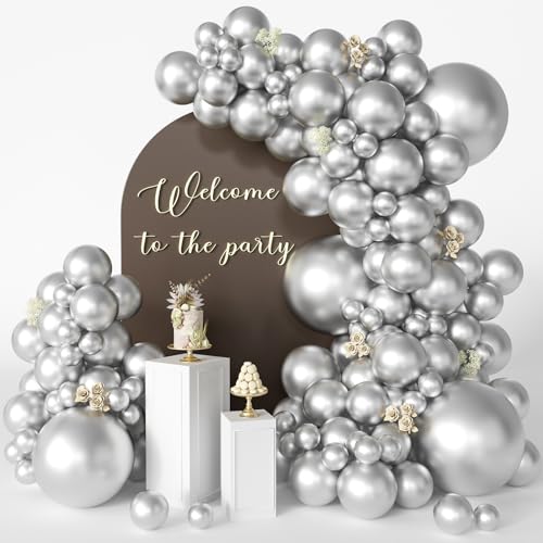 CVPARTYON Silver Balloons 125 Pcs Different Sizes 18 12 10 5 Inch Silver Balloon Arch Kit Metallic Silver Latex Balloons for Birthday Wedding Graduation Baby Shower New Year Party Decorations
