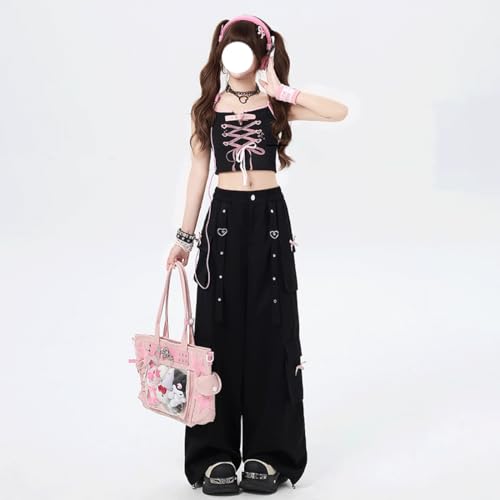 Y2K Grunge Kawaii Gothic Clothes Loose Straight Wide Leg Vintage Bows Rivet Ribbon Decor Casual Cargo Pants3