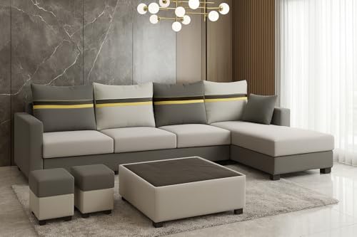 Image of CASASTYLE Wallis 8 Seater Fabric RHS L Shape Sofa Set with 1 Centre Table & 2 Puffy (Light Grey- Dark Grey) | Velvet Finish | Comfortable Sectional Sofa for Living Room