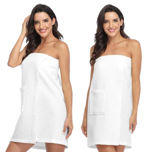 Crystal Dew 2 Pack Women Waffle Robe Bath Towel Body Wrap Bathrobes Spa Shower Travel Sauna with Adjustable Closure Pocket White S-M